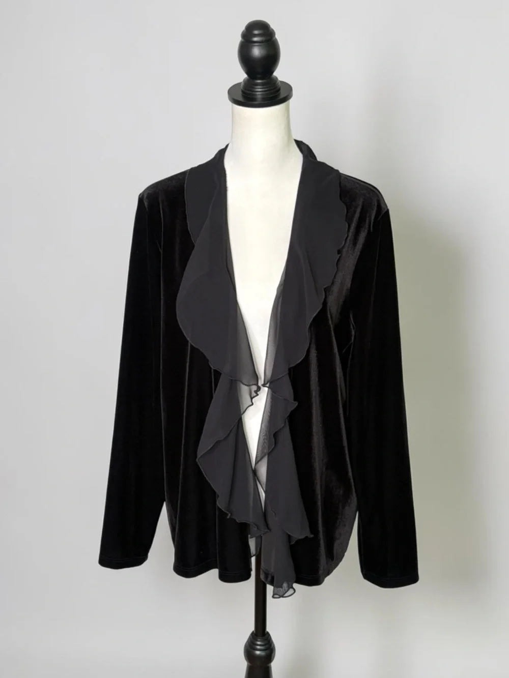 NWT Chicos Travelers Velvet Chiffon Ruffle Trim Jacket Black Size 2 / Large